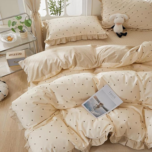 mixinni Floral Duvet Cover Set Queen Size – 100% Cotton 3-Piece Bedding Set with Ruffled Trim, Reversible Vintage Beige Gingham & Strawberry Print, Soft Aesthetic Duvet Cover with Zipper Closure