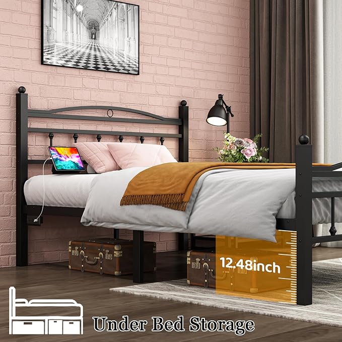 Jenmit Full Size Bed Frame with Headboard,Metal Platform Bed Frame with Charging Station & LED Lights,12in Storage Space Under Bed, No Box Spring Needed, Noise Free, Easy Assembly, Black