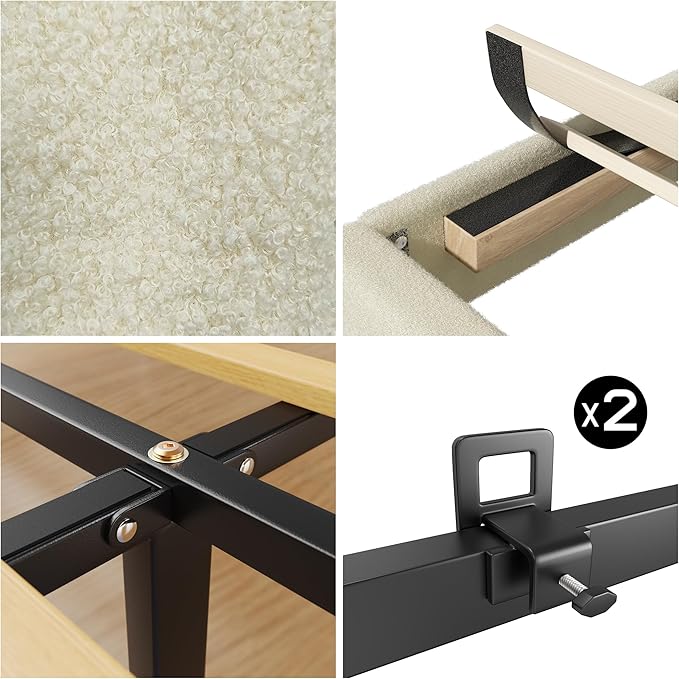 Full Boucle Bed Frame, Platform Bed with Upholstered Wingback Headboard, Strong Wooden Slats Support, Noise-Free, No Box Spring Needed, Easy Assembly, Beige