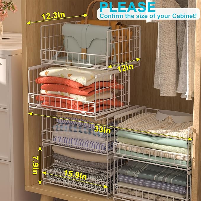Hongtamoya 4-Tier Sliding Closet Organizers and Storage Shelves, Stackable Closet Shelf Organizer Basket Bins, Drawer Shelf Storage Container for Wardrobe Cupboard Kitchen Bathroom Office, White