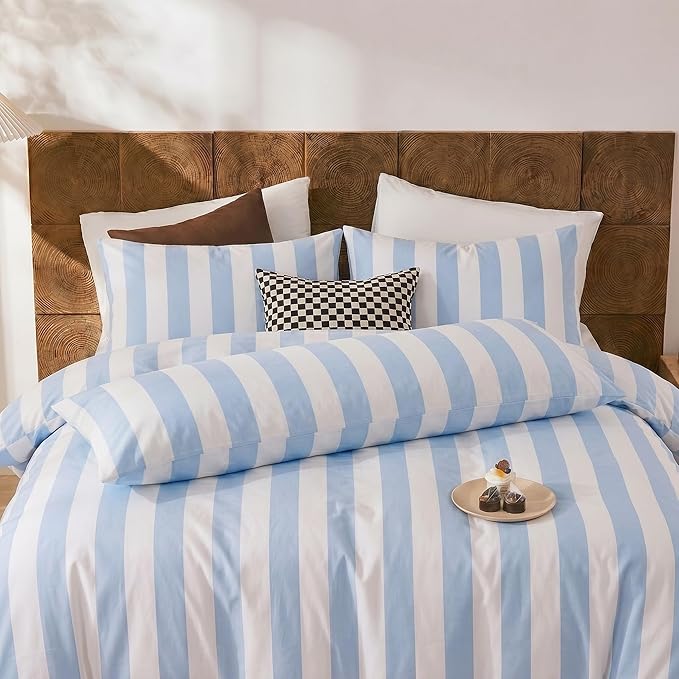 Merryword Standard Size Pillowcases, 100% Cotton Pillow Cases, Blue and White Striped Pillowcases, Soft Breathable Wide Stripe Pillow Covers, Set of 2