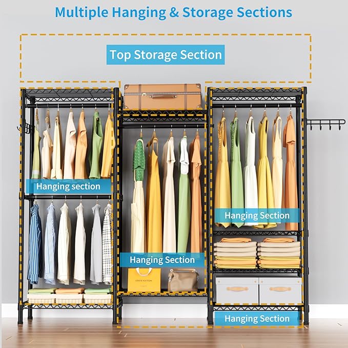 Golpart Heavy Duty Garment Rack Clothes Rack,Large Metal Closet Organizer System Storage Wardrobe,Freestanding Clothing Rack with 8 Adjustable Wire Shelves&4 Hang Rods,MaxLoad 800lbs