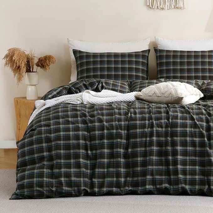 TOCOMOA Buffalo Plaid Duvet Cover Set 100% Washed Cotton Like Linen Feel Super Soft Comfy 3 Piece Brown Blue Gingham Checkered Bedding Comforter Cover Set (Full 90"x90", Comforter Not Included)