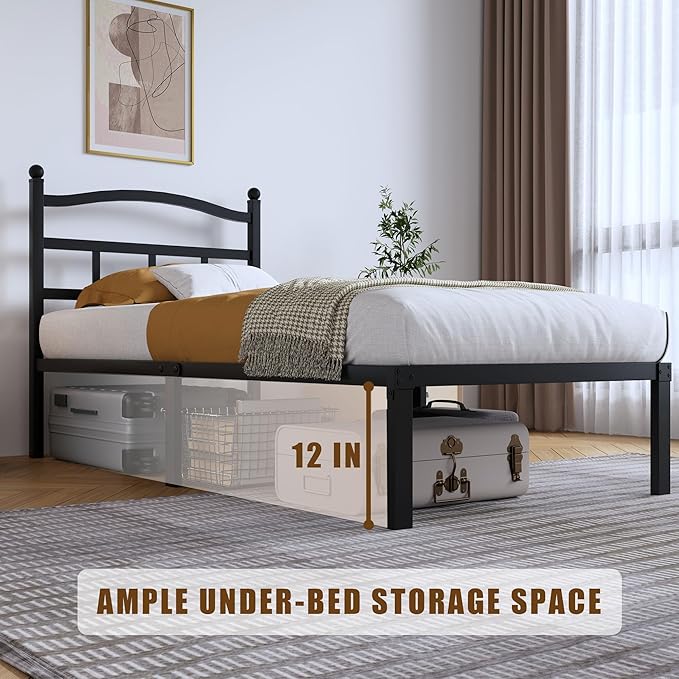 SHOANED 14 Inch Metal Bed Frame - Twin Size Heavy Duty Bedframe with Headboard Black Basic Steel Slats Platform No Box Spring Needed/Easy Assembly/Noise Free