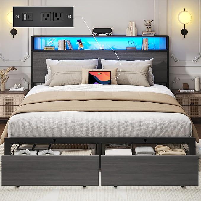 Lifezone Full Bed Frame with 2-Tier Storage Headboard, Metal Bed Frame with Storage Drawers & Built-in Charging Station & LED, Noise-Free, No Box Spring Needed, Easy Assembly, Rustic Grey