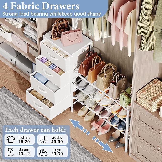 Cidaziya Expandable Closet Organizers and Storage, 4 Drawer Dresser, White Fabric Storage Dresser, Clothes Shelves for Kids, Purse Organizer Small Shoe Rack for Closet Bedroom