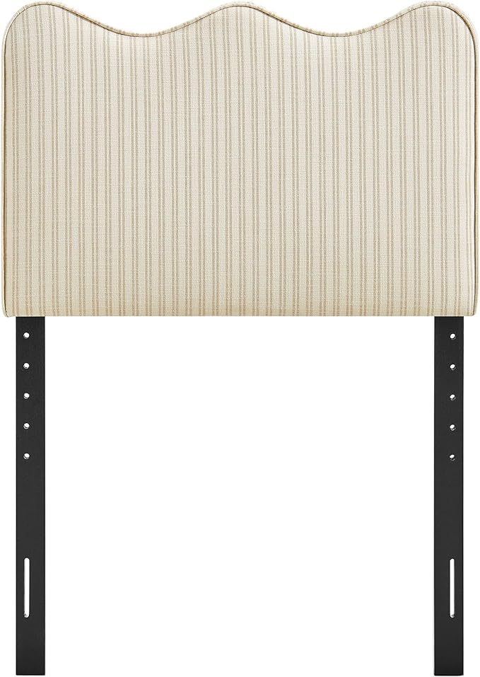 Monday Athena Striped Fabric Upholstered Twin Size Adjustable Headboard in Oatmeal Stripe - with Scalloped Wave Design and Soft Linen-Like Fabric