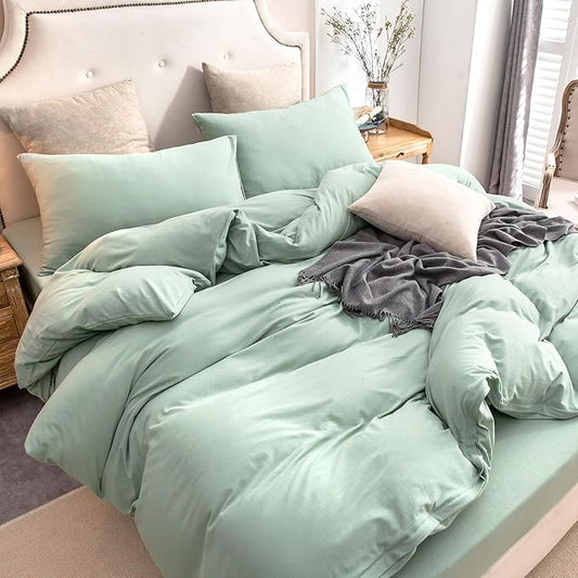 PURE ERA Jersey Knit Duvet Cover Set 100% T-Shirt Cotton Super Soft Comfy 3pc Bedding Set with Zipper Closure (Solid Sage Green, Queen)