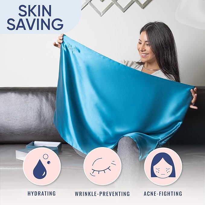 Blissy Silk Pillowcase - 100% Pure Mulberry Silk - 22 Momme 6A High-Grade Fibers - Silk Pillow Cover for Hair & Skin - Regular, Queen & King (Aqua, Queen)