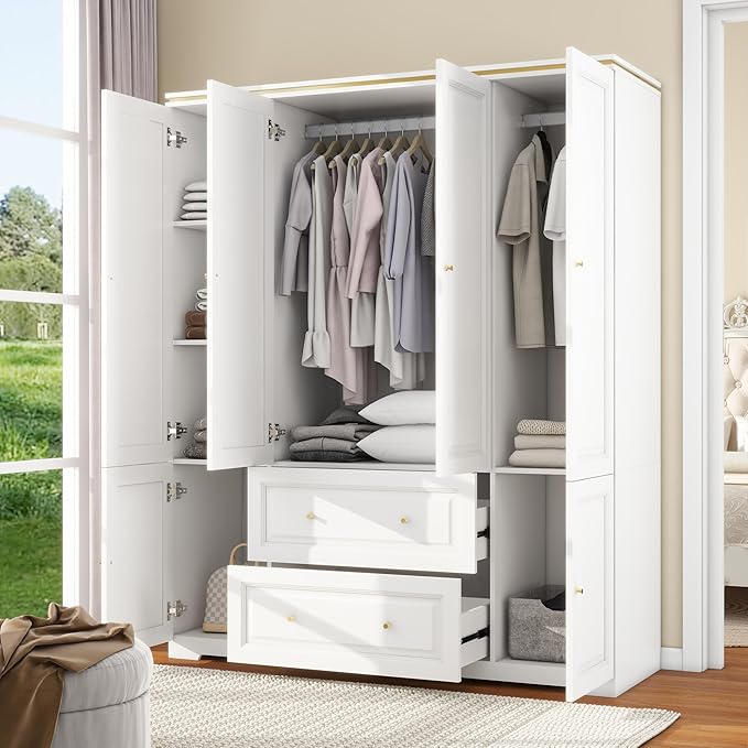 Bedroom Armoires Wardrobe Closet with 4 Doors, 74" White Wardrobe Cabinet with 2 Drawers, Wooden Wardrobes Closet for Hanging Clothes, Large Wardrobes Closets