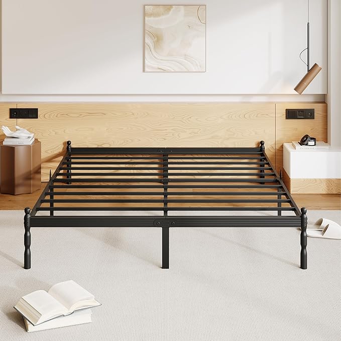 ZIYOO 18 inch Metal Queen Bed Frame with Vintage Style, Mattress Slide Stopper, 1500LBS Heavy Duty Steel Slats, No Box Spring Needed, Platform Noise-Free, Easy Assembly