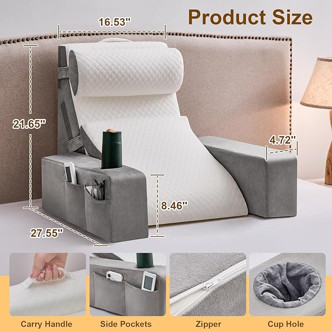 5pcs Reading Pillow for Adults Sitting in Bed – Back Pillow for Bed Sitting Up with Arms, Pockets & Cup Holder, Sit-Up Backrest Pillow for Beds & Chair Use, Beds Rest Pillows for Gaming, Watching TV