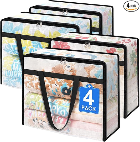 TasticTotes 4 Pack Clear Storage Bags for Comforter, Clothes & Bedding, Plastic Blanket Storage with Zipper and Handle, Moving Bags, Closet Organizer and Under-Bed Storage (90L)