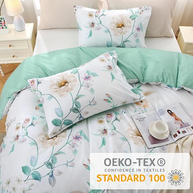 MUXHOMO Duvet Cover Queen Size, Reversible Floral Vintage Duvet Cover Set with Zipper Closure, 3 Pieces Botanical Patterns Soft Microfiber Bedding Set (90"x90", 2 Pillow Cases, Colorful Green Branch)