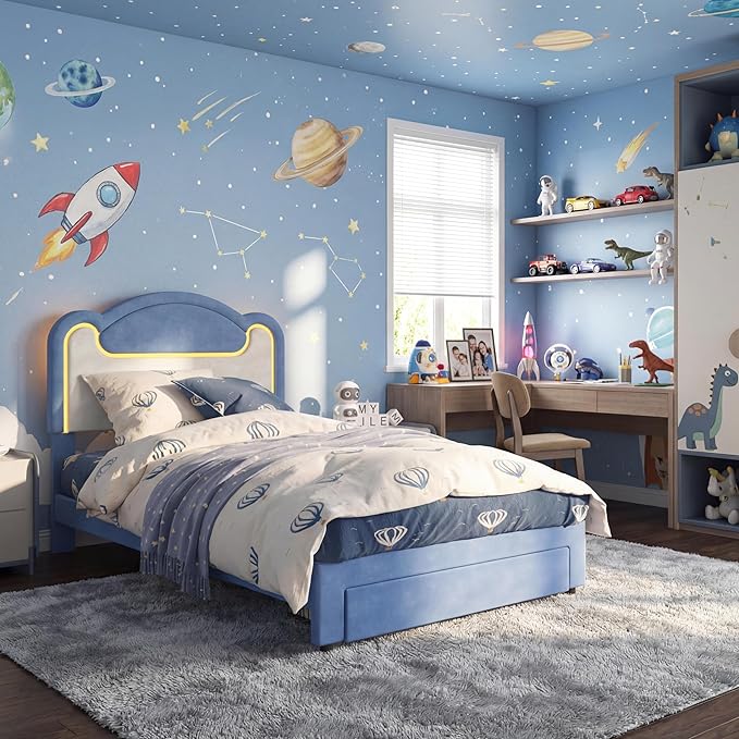 Garvee Twin Size Upholstered Bed Frame with LED Lights & Storage Drawers, Fabric Headboard & Wood Slats, No Box Spring Needed, Princess Bed for Girls (Blue White)