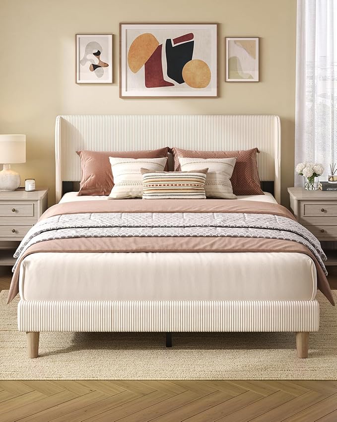 Bestier Queen Size Bed Frame with Wingback Headboard,Platform Queen Upholstered Bed with Strong Wooden Slats,No Box Spring Needed,Never Squeaks,Easy Assembly,Beige