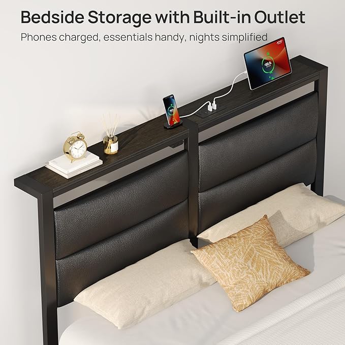 Rolanstar Queen Bed Frame with Charging Station, LED Bed Frame Queen with Upholstered Storage Headboard, Platform Bed with Metal Slats & Under Bed Storage, No Box Spring Needed, Noise Free, Black