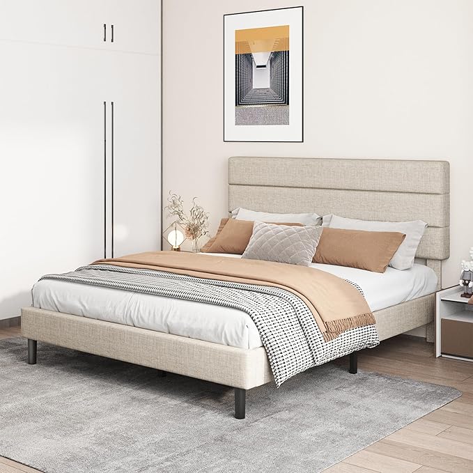 Queen Platform Bed Frame with Adjustable Linen Fabric Upholstered Headboard, Strong Slats Support, Noise-Free, No Box Spring Required, Easy Assembly for Bedroom Guest Room, Beige