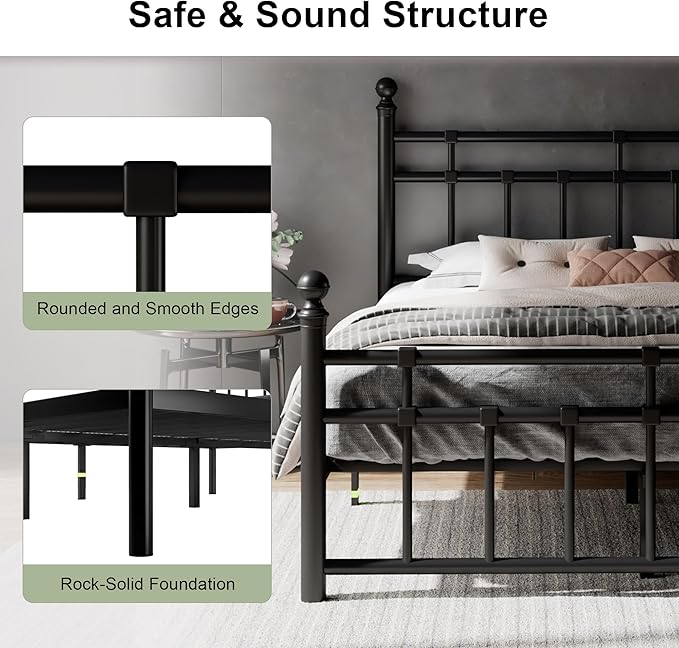 Feonase King Size Metal Platform Bed Frame with Victorian Classic Iron-Art Headboard & Footboard, Steel Slats Support, 12" Under Bed Storage, No Box Spring Needed, Easy Assembly, Noise-Free, Black
