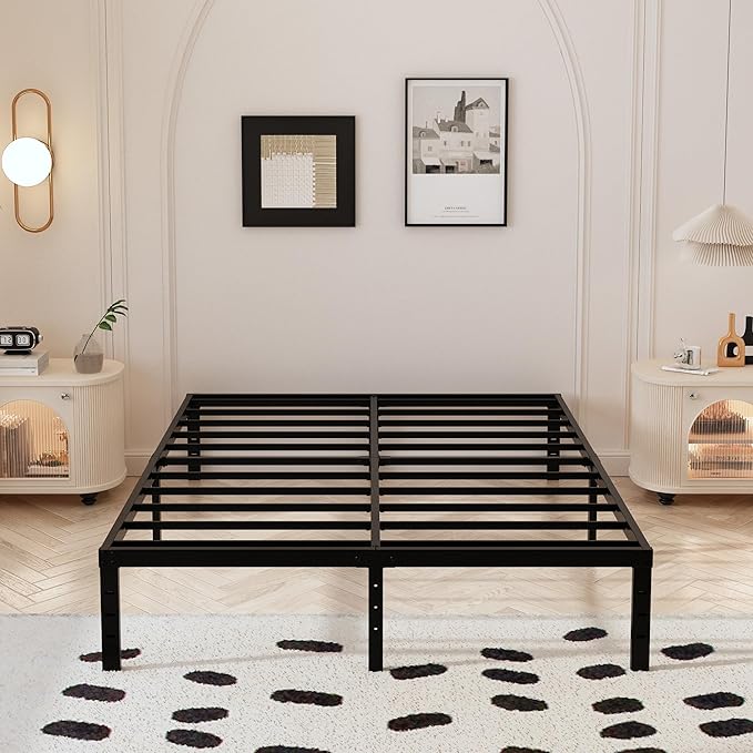 Maenizi 14 Inch King Size Bed Frame with White Fabric Cover, Heavy Duty King Platform Bed Frame Support Up to 3000 lbs, No Box Spring Needed, Easy Assembly, Noise Free, Black