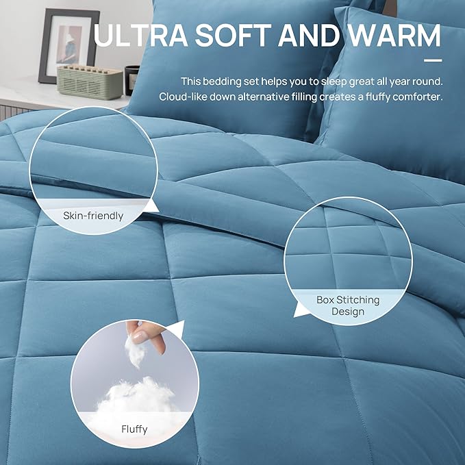 Love's cabin Twin Comforter Set Misty Blue, 5 Pieces Twin Bed in a Bag, All Season Bedding Sets with 1 Comforter, 1 Flat Sheet, 1 Fitted Sheet, 1 Pillowcase and 1 Pillow Sham | Soft, Breathable, Lightweight, Comfortable