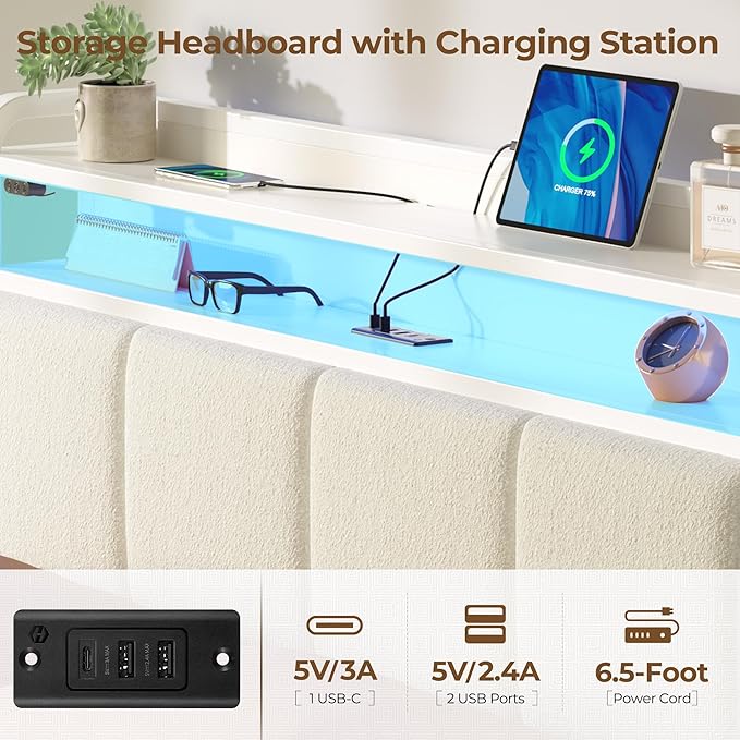Rolanstar Bed Frame Full Size with Charging Station and LED Lights, Upholstered Headboard with Storage Shelves, Heavy Duty Metal Slats, No Box Spring Need, Noise Free, Easy Assembly, White