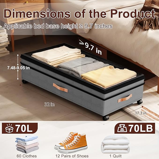 Under Bed Storage Organizer with Wheels - 2Pack 70L Extra Large Rolling Storage Bins with Clear Lid & Labels for Clothes, Shoes, Blankets (XXL,Grey)