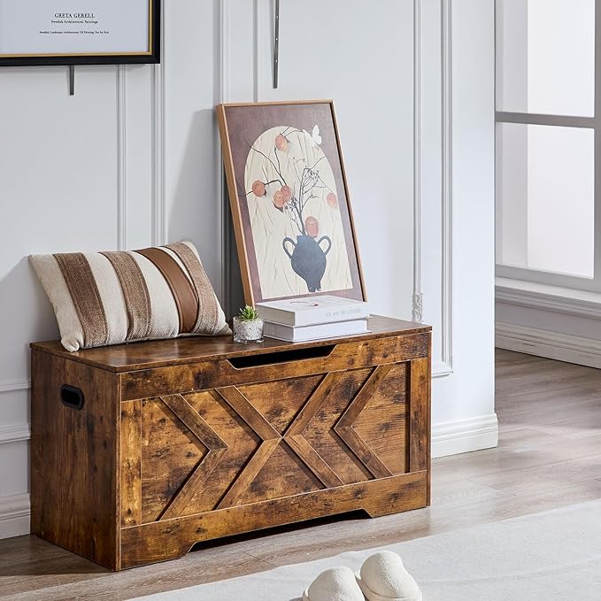 39.4” Storage Bench, Extra Large Entryway Bench with Storage,Storage Chest with 2 Safety Hinges,Blanket Storage,Shoe Storage Chest for Bedroom,Living Room,Easy Assembly. (Rustic Brown)