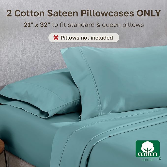 California Design Den Standard Queen Size Pillowcase Set - 400 Thread Count, 100% Cotton Sateen, Set of 2 Pillow Covers, Soft and Breathable - Teal