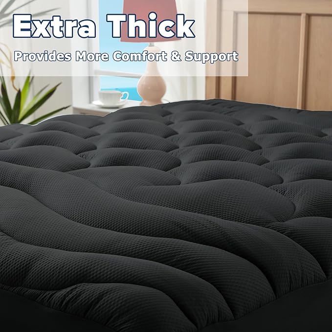 ELVEN HOME Twin Size Mattress Pad for Pain Relief, Pillow Top Cooling Twin Mattress Topper for Single Bed, Thick Fluffy Mattress Protector Cover Quilted Fitted Deep Pocket (39x75 inch, Black)