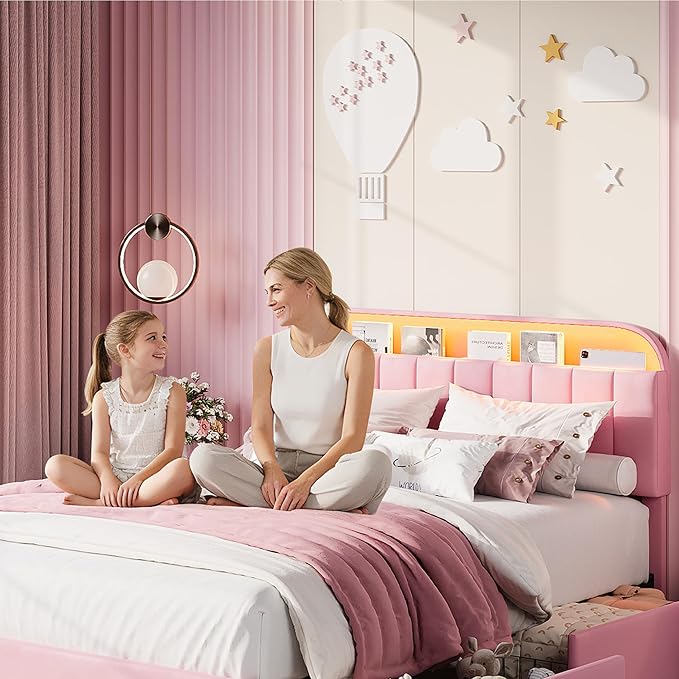 Garvee Queen Size Bed Frame with 2 Flexible Drawers, Velvet Upholstered Platform Bed Frame with Bookcase Headboard and LED Lights, Kids Bed for Girls, Easy Assembly, Noise Free, Pink