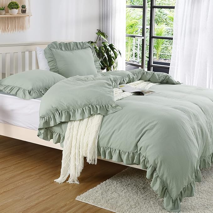 CAROMIO Sage Green Ruffled Duvet Cover Twin, 2PCS Soft Washed Microfiber Vintage French Country Duvet Cover Set for Kids Girls, Sage Green, 68x90 in