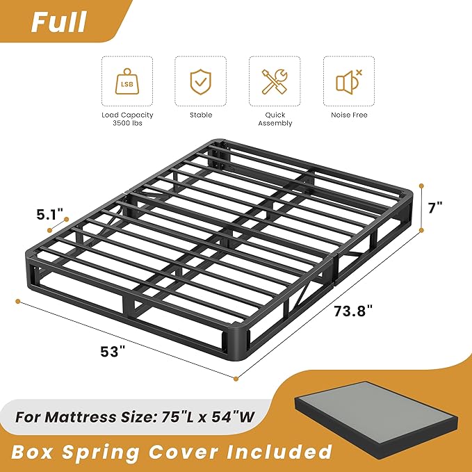 MAF 7 Inch Full Size Box Spring, High Profile Box Spring Full Size Bed Base, 3500 lbs Black Heavy Duty Metal Mattress Foundation with Easy Clean Fabric Cover, Easy Assembly