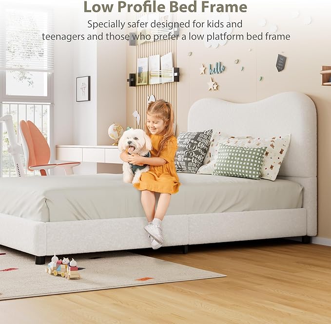 GarveeHome Boucle Queen Bed Frame with Upholstered Headboard, Soft Low Profile Sturdy Platform Bed with Rounded Corners Design, Heavy Duty, Wooden Slats, Noise Free, No Box Spring Needed, White