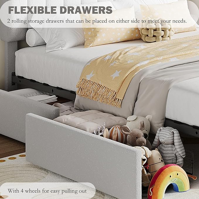 Garvee Full Size Bed Frame with 2 Flexible Drawers, Boucle Upholstered Platform Bed Frame with Bookcase Headboard, Bedframe for Kids/Boys, Easy Assembly, No Box Spring Needed, Noise Free, Grey