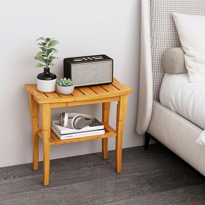 Bamboo Shower Bench Stool with Storage Shelf, Waterproof Shower Chair Spa Bath Seat, Shower Stool for Inside Shower, Bathroom Bench Seat for Adults Elderly Seniors for Indoor or Outdoor Use