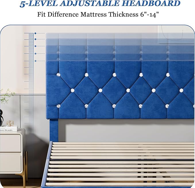 VECELO Queen Size Bed Frame, Upholstered Platform with Adjustable Diamond Tufted Headboard, Wood Slat Support, No Box Spring Needed, Navy Blue