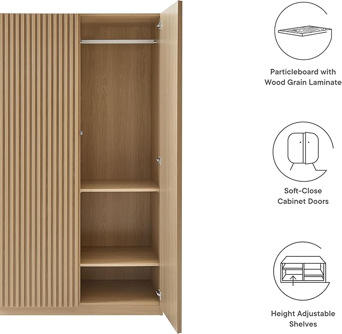 Modway Render Mid Century Modern Wardrobe Armoire Closet in Oak w/Vertical Slatted Doors - 71Inch Freestanding Closet w/Adjustable Shelves & Hanging Rods - Tall Bedroom Storage Cabinet