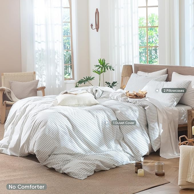 MooMee Striped Duvet Cover Set 100% Washed Cotton Linen Like Textured Breathable Durable Soft Comfy (White Heathered Green Wide Stripes, Full 80"x90")