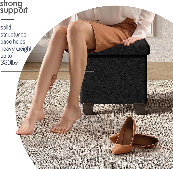 Storage Ottoman Cube with Small Bin, 15-in Square Ottoman with Storage for Living Room and Bedroom, Small Ottomans Foot Rest, Faux Leather Foot Stools Ottomans Max 330lbs, Black
