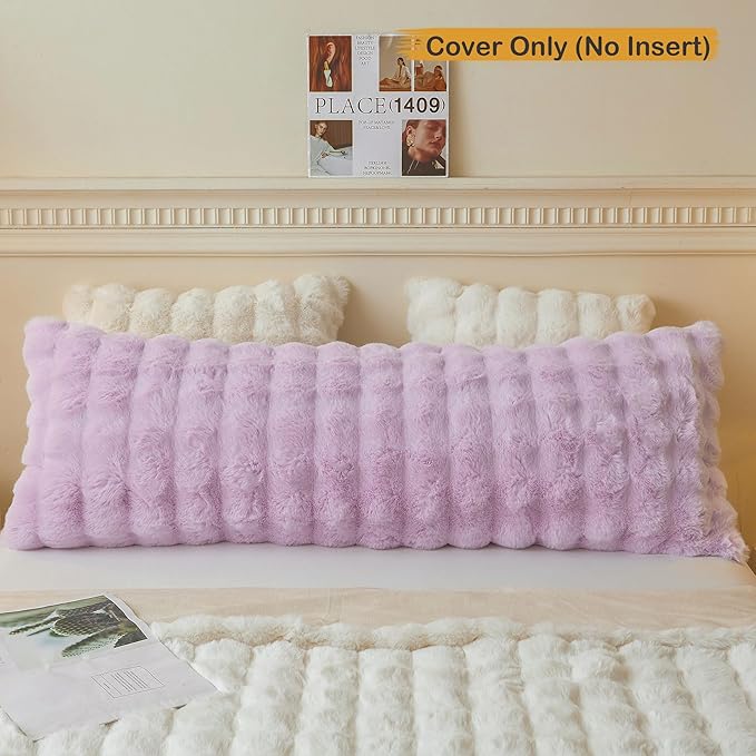 LIFEREVO Fluffy Faux Rabbit Fur Body Pillow Cover, Cozy Light Purple Bubble Shaggy Plush Bed Body Pillowcase with Zipper, Long 20"x54" Fuzzy Furry Pillow Case for Bedroom Home Decoration, Lavender