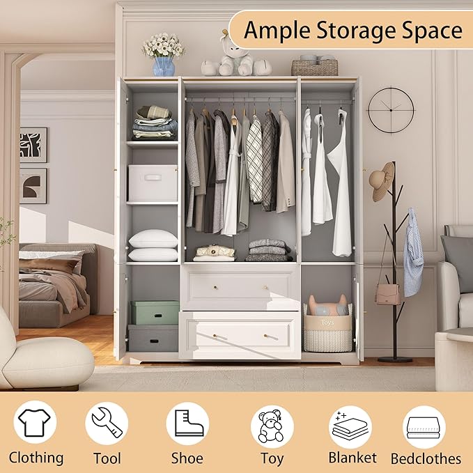Bedroom Armoire Wardrobe Closet with Drawers: White Wardrobe Closet for Hanging Clothes, Large Wardrobes Storage Closets, Wood Closets Cabinets with Doors and Shelves (White, 59")