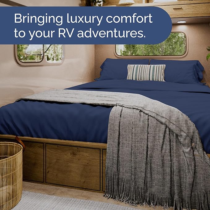 Short Queen Size 4 Piece Sheet Set - RV Short Queen, Soft, Breathable & Cooling Bed Sheets Set with Deep Pockets - Hotel Luxury Bedding for Women & Men - Wrinkle Free and Fade Resistant - Navy Blue