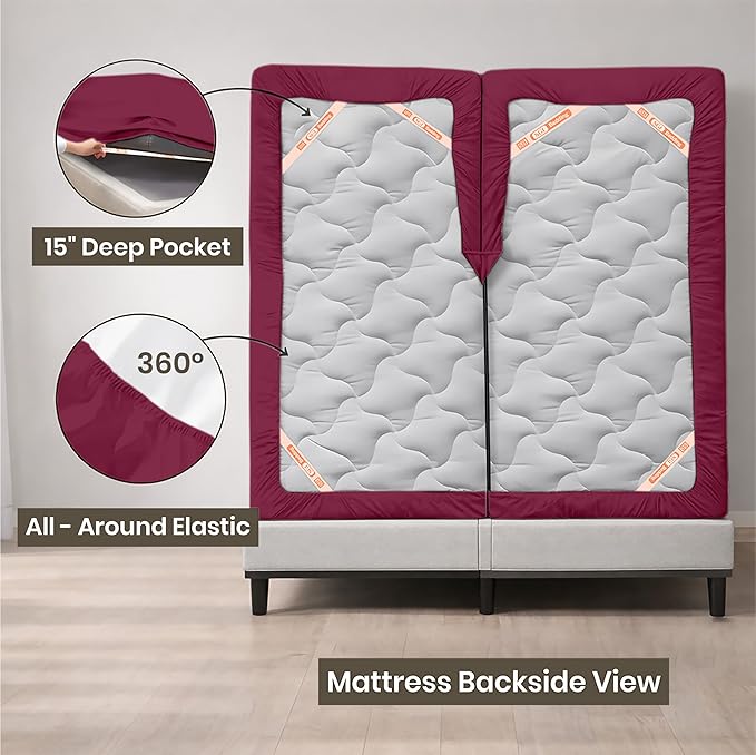 SGI bedding 36" King Split Top Flex Head Sheet 100% Egyptian Cotton Sheet Set 1000 Thread Count Flex Top Sheet for Adjustable Bed 4Pc Sheet Set 15" Deep Pocket for Sleep Number Bed - Burgundy