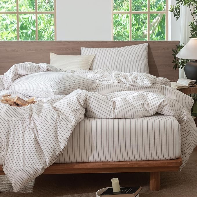 MooMee Striped Duvet Cover Set 100% Washed Cotton Linen Like Textured Breathable Durable Soft Comfy (White Orange Wide Stripes, Queen 90"x90")