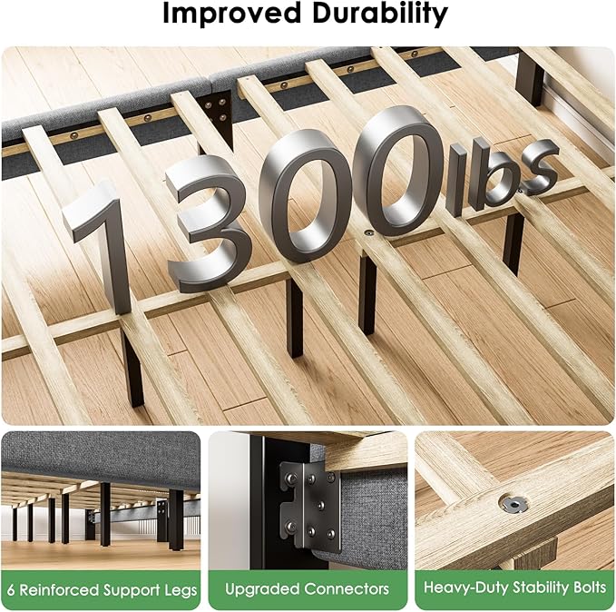 Marsail Full Bed Frame with 2 Storage Drawers, Sturdy & Durable with 12 Support Legs, 1300 lbs Capacity, Solid Wooden Upholstered Adjustable Headboard for 6″–12″ Mattresses, Easy Assembly, Dark Gray