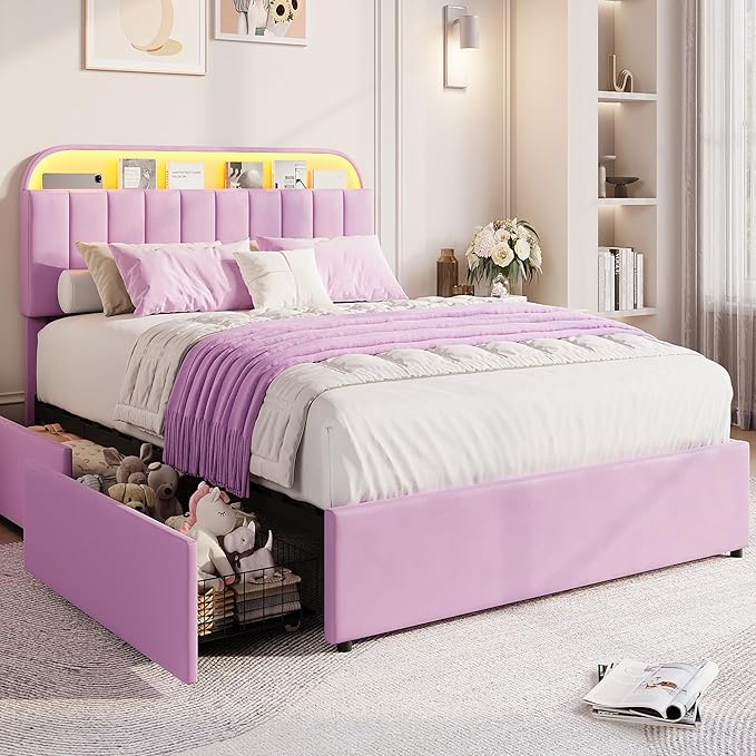 GarveeHome Full Bed Frame with Storage Headboard, Kids Bed Frame with 2 Drawers, Velvet Upholstered Platform Bed Frame with Lights, No Box Spring Needed, Easy Assembly, Velvet Purple