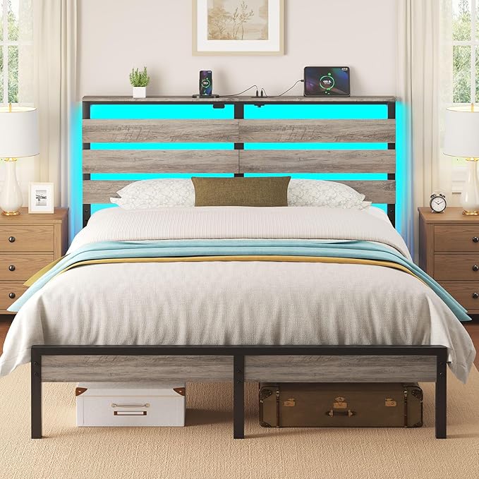 Rolanstar Bed Frame Full Size with USB Charging Station, LED Bed Frame with Wood Storage Headboard, Light Grey Metal Platform Bed with Under Bed Storage, No Box Spring Needed, Noise Free