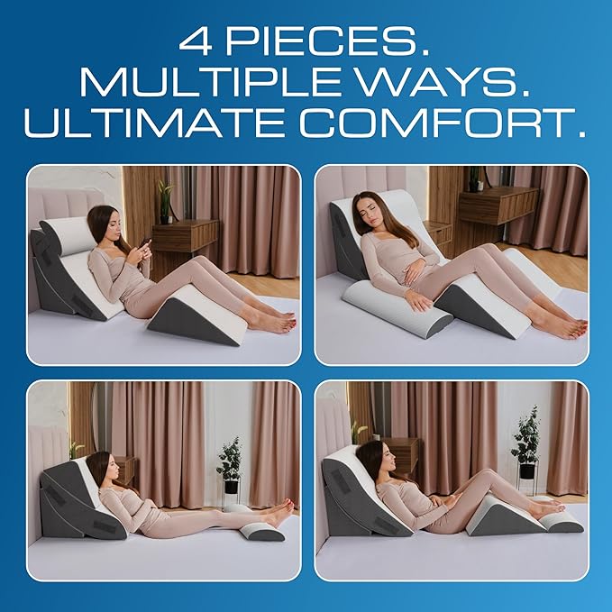 Kolbs Bed Wedge Pillow for Sleep Apnea, FSA Eligible Acid Reflux, and Back Pain Relief, with Chic Jacquard Cover - Headboard Wedges for Sleeping (4 Piece Wedge Set)