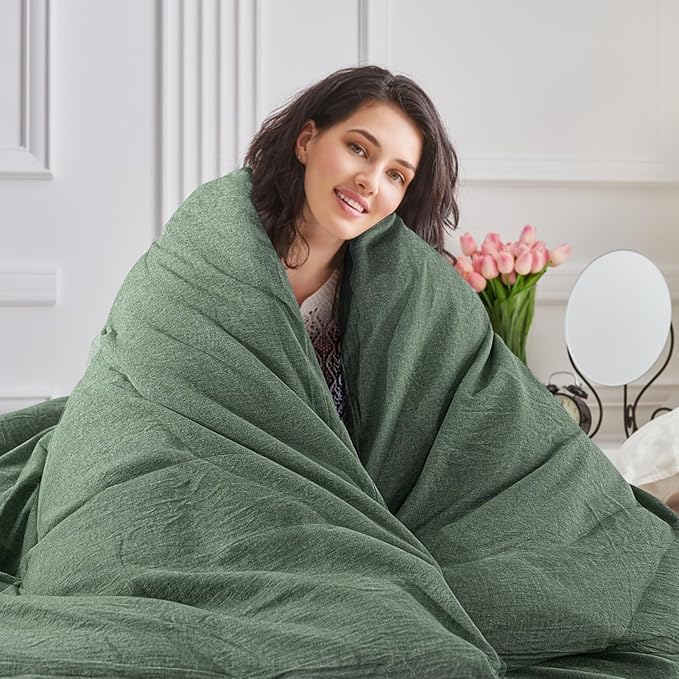 NEXHOME PRO Duvet Cover Twin 100% Washed Cotton, Organic Natural Linen Like Textured, Breathable, Durable, Home Bedding Set, Heathered Green 6890
